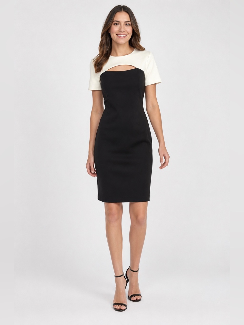 CALVIN KLEIN Colorblock Scuba Sheath Dress Black Ivory Cutout Size 6 Women’s